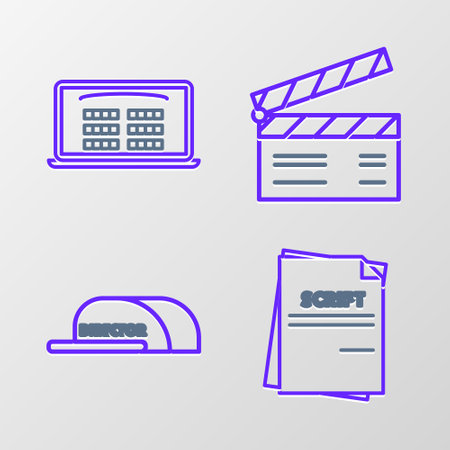 Set line Scenario, Cap with inscription director, Movie clapper and Buy cinema ticket online icon. Vectorのイラスト素材