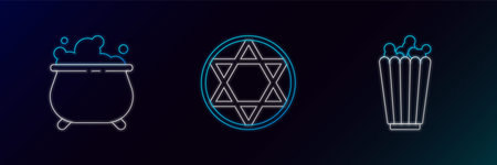 Set line Popcorn in box, Witch cauldron and Star of David icon. Glowing neon. Vectorのイラスト素材
