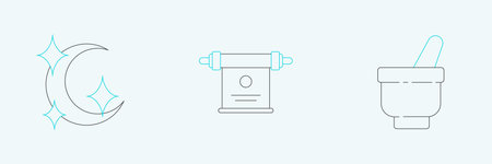 Set line Magic mortar and pestle, Moon stars and scroll icon. Vectorのイラスト素材