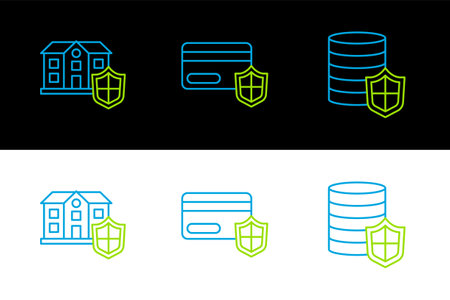 Set line Money with shield, House and Credit card icon. Vectorのイラスト素材