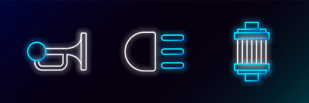 Set line Car air filter, Signal horn on vehicle and High beam icon. Glowing neon. Vectorのイラスト素材