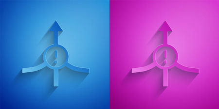 Paper cut Arrow icon isolated on blue and purple background. Direction Arrowhead symbol. Navigation pointer sign. Paper art style. Vectorのイラスト素材