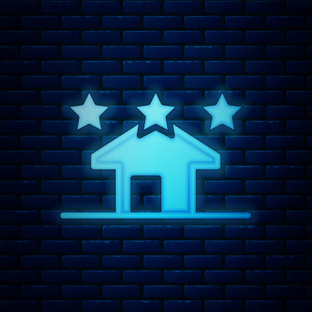 Glowing neon House icon isolated on brick wall background. Real estate agency or cottage town elite class. Vectorのイラスト素材
