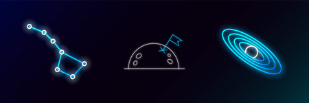 Set line Planet, Great Bear constellation and with flag icon. Glowing neon. Vector