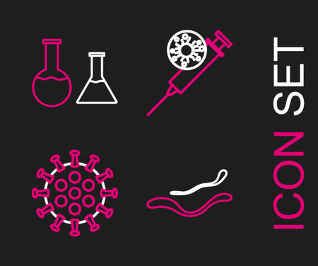Set line Ebola virus disease, Virus, Syringe and and Test tube flask icon. Vectorのイラスト素材