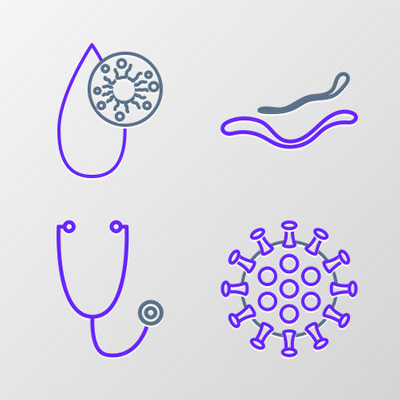 Set line Virus, Stethoscope, Ebola virus disease and Blood test and icon. Vectorのイラスト素材