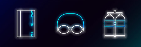 Set line Aqualung, Underwater note book and pencil and Glasses cap for swimming icon. Glowing neon....