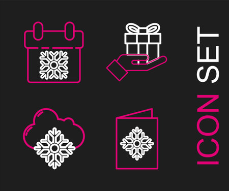 Set line Christmas postcard, Cloud with snow, Gift box in hand and Calendar icon. Vectorのイラスト素材