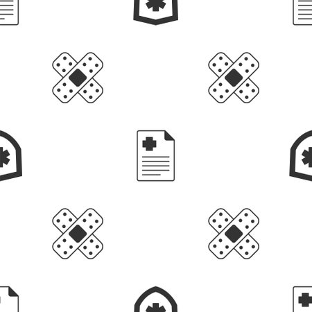 Set Life insurance, Patient record and Crossed bandage plaster on seamless pattern. Vectorのイラスト素材