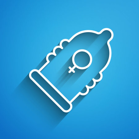 White line Condom safe sex icon isolated on blue background. Safe love symbol. Contraceptive method for male. Long shadow. Vectorのイラスト素材