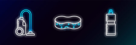 Set line Plastic bottles for liquid dishwashing liquid, Vacuum cleaner and Sponge icon. Glowing neon. Vectorのイラスト素材