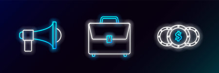 Set line Coin money with dollar symbol, Megaphone and Briefcase icon. Glowing neon. Vectorのイラスト素材