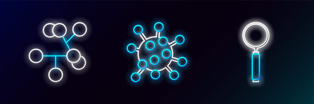 Set line Magnifying glass, Molecule and Bacteria icon. Glowing neon. Vectorのイラスト素材