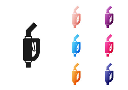 Black Gasoline pump nozzle icon isolated on white background. Fuel pump petrol station. Refuel service sign. Gas station icon. Set icons colorful. Vectorのイラスト素材