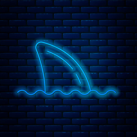 Glowing neon line Shark fin in ocean wave icon isolated on brick wall background. Vectorのイラスト素材