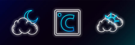 Set line Sun and cloud weather, Cloud with moon stars and Celsius icon. Glowing neon. Vectorのイラスト素材
