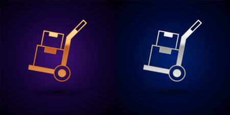 Gold and silver Hand truck and boxes icon isolated on black background. Dolly symbol. Vectorのイラスト素材