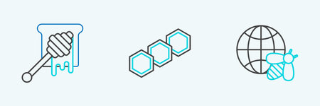 Set line Honeycomb map of the world and bee, dipper stick with dripping honey and icon. Vectorのイラスト素材