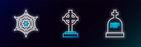 Set line Tombstone with RIP, Spider web and cross icon. Glowing neon. Vectorのイラスト素材