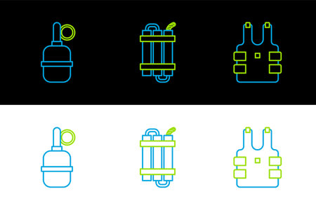 Set line Bulletproof vest for protection from bullets, Hand grenade and Detonate dynamite bomb stick icon. Vectorのイラスト素材