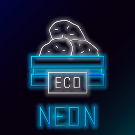 Glowing neon line Wooden box for fruits and vegetables icon isolated on black background. Colorful outline concept. Vectorのイラスト素材