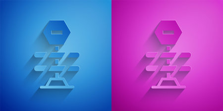 Paper cut Road barrier icon isolated on blue and purple background. Symbol of restricted area which are in under construction processes. Repair works. Paper art style. Vectorのイラスト素材
