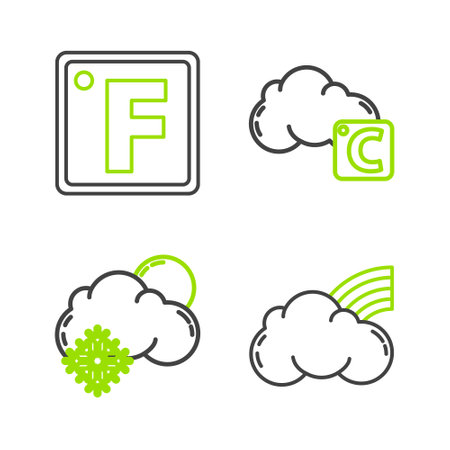 Set line Rainbow with clouds, Cloud snow and sun, Celsius and Fahrenheit icon. Vectorのイラスト素材
