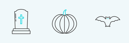 Set line Flying bat, Tombstone with cross and Pumpkin icon. Vectorのイラスト素材