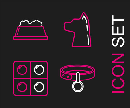 Set line Collar with name tag, Dog and pills, Cat and Pet food bowl icon. Vectorのイラスト素材