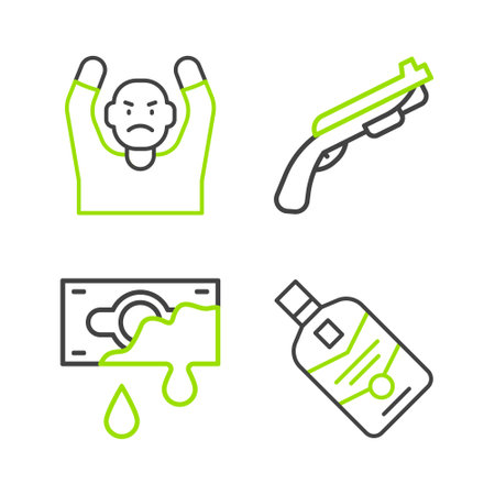 Set line Whiskey bottle, Bloody money, Police shotgun and Thief surrendering hands up icon. Vectorのイラスト素材