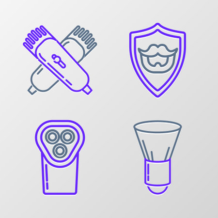 Set line Shaving brush Electrical hair clipper or shaver Mustache and beard on shield and Crossed electrical icon. Vector.のイラスト素材