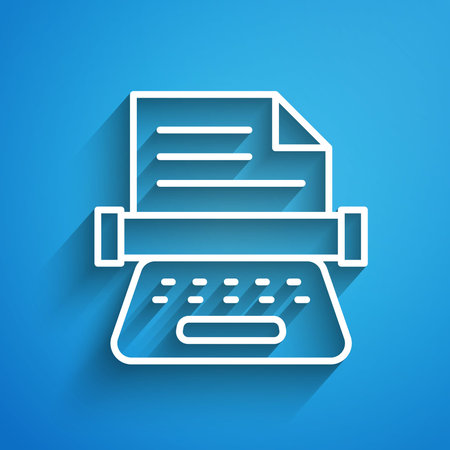 White line Retro typewriter and paper sheet icon isolated on blue background. Long shadow. Vector.のイラスト素材