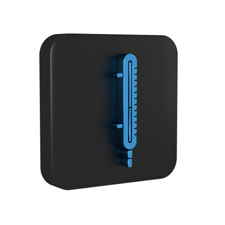 Blue Meteorology thermometer measuring icon isolated on transparent background. Thermometer equipment showing hot or cold weather. Black square button..の写真素材