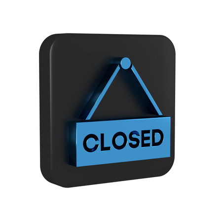 Blue Hanging sign with text Closed icon isolated on transparent background. Business theme for cafe or restaurant. Black square button..の写真素材