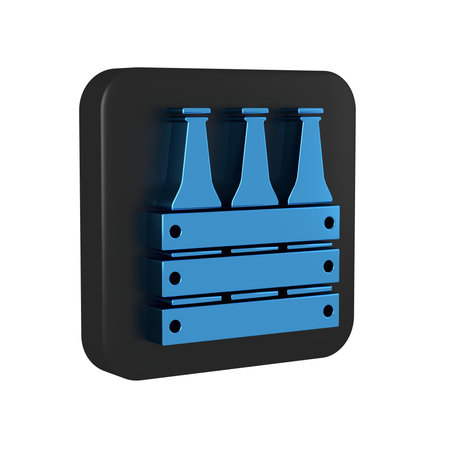 Blue Pack of beer bottles icon isolated on transparent background. Wooden box and beer bottles. Case...