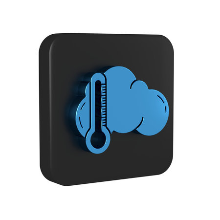 Blue Thermometer and cloud icon isolated on transparent background. Black square button..