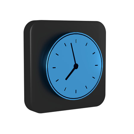 Blue Clock icon isolated on transparent background. Time symbol. Black square button..