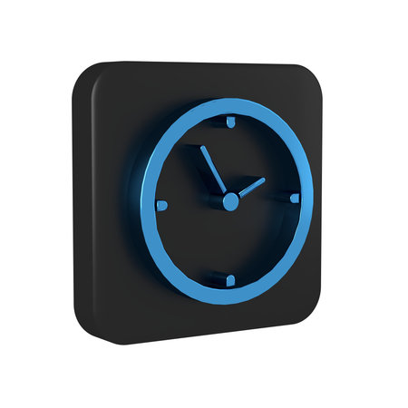 Blue Clock icon isolated on transparent background. Time symbol. Black square button..