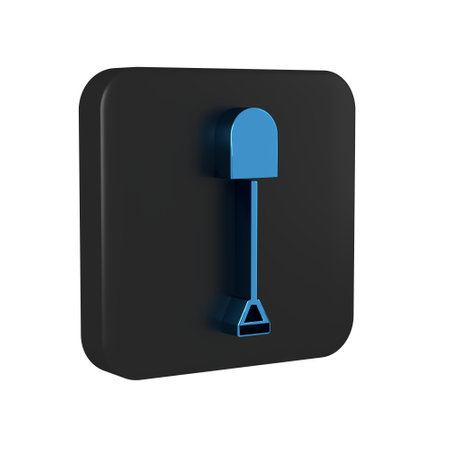 Blue Shovel icon isolated on transparent background. Gardening tool. Tool for horticulture, agriculture, farming. Black square button..の写真素材