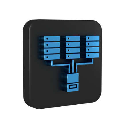 Blue Server, Data, Web Hosting icon isolated on transparent background. Black square button..