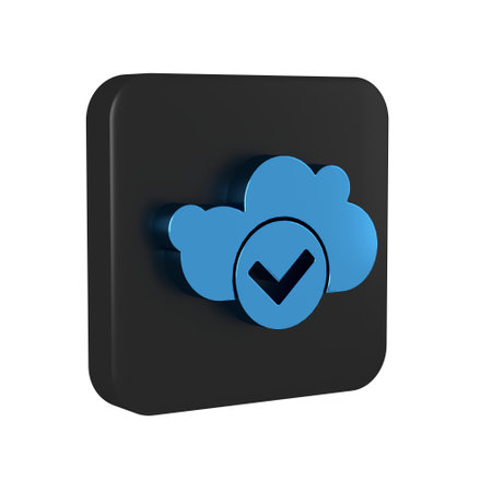 Blue Cloud with check mark icon isolated on transparent background. Cloud storage data protection. Cloud computing. Black square button..の写真素材