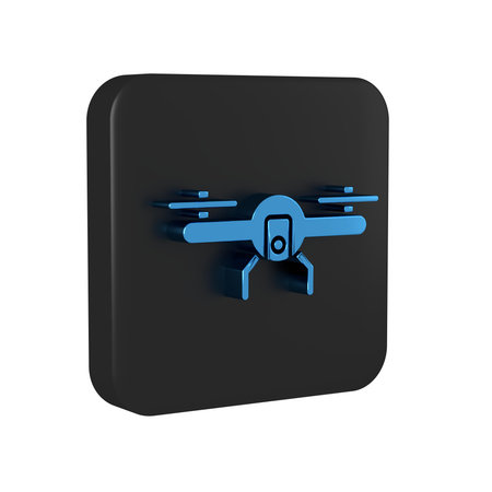 Blue Drone flying icon isolated on transparent background. Quadrocopter with video and photo camera symbol. Black square button..の写真素材