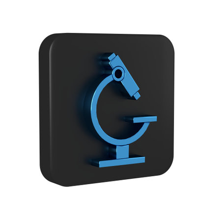 Blue Microscope icon isolated on transparent background. Chemistry, pharmaceutical instrument, microbiology magnifying tool. Black square button..の写真素材