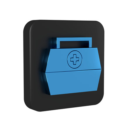 Blue First aid kit icon isolated on transparent background. Medical box with cross. Medical equipment for emergency. Healthcare concept. Black square button..の写真素材
