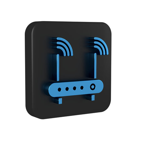 Blue Router and wi-fi signal symbol icon isolated on transparent background. Wireless ethernet modem router. Computer technology internet. Black square button..の写真素材