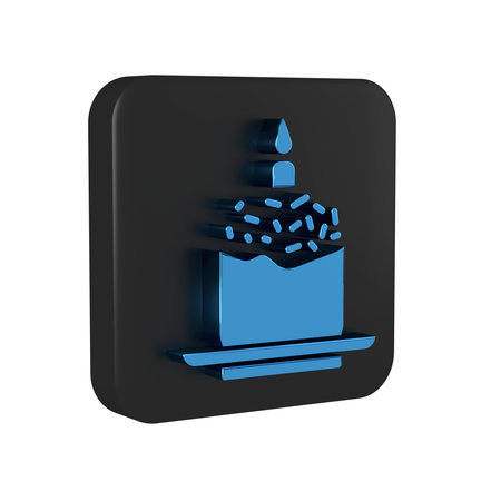 Blue Easter cake and candle icon isolated on transparent background. Happy Easter. Black square button..の写真素材