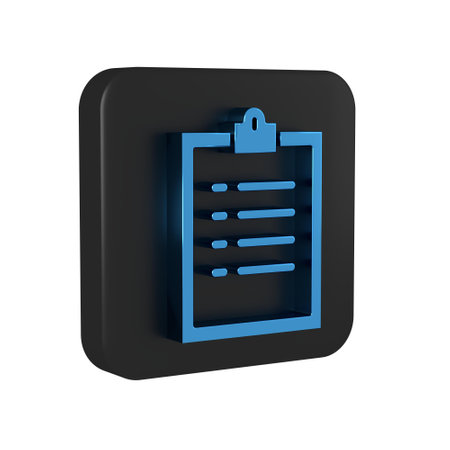 Blue Clipboard with checklist icon isolated on transparent background. Control list symbol. Survey poll or questionnaire feedback form. Black square button..の写真素材