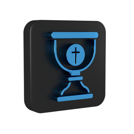 Blue Christian chalice icon isolated on transparent background. Christianity icon. Happy Easter. Black square button..の写真素材