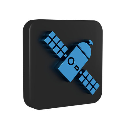 Blue Satellite icon isolated on transparent background. Black square button..の写真素材