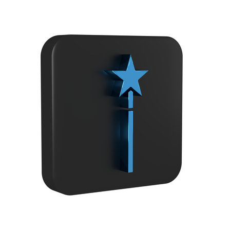Blue Magic wand icon isolated on transparent background. Star shape magic accessory. Magical power. Black square button..の写真素材